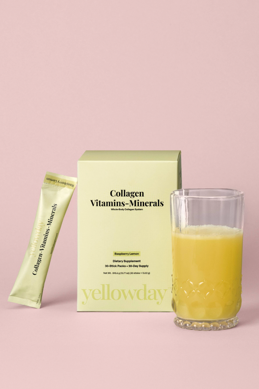 Yellowday Collagen Vitamins-Minerals box, stick pack, and mixed drink in a glass