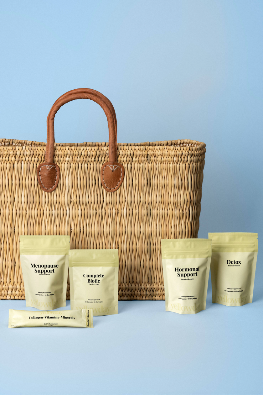 Woven tote bag with Yellowday Menopause Support, Complete Biotic, Hormonal Support, and Detox pouches